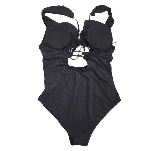 Black Ribbed Halter One-Piece Swimsuit With Ruffle Detail   Size XL - Picture 2 of 5